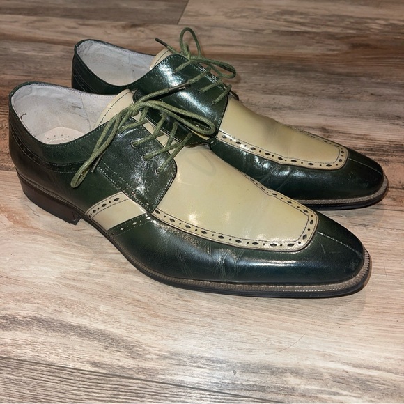 Giovanni Mens Dress Shoe Genuine Leather 2 Tone Wingtip Oxfords Green Tan - Picture 1 of 7